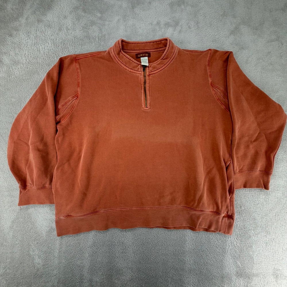 Orvis Mens 1/4 Zip Pullover‎ Sweatshirt Large Orange Preowned Mock Neck Cotton